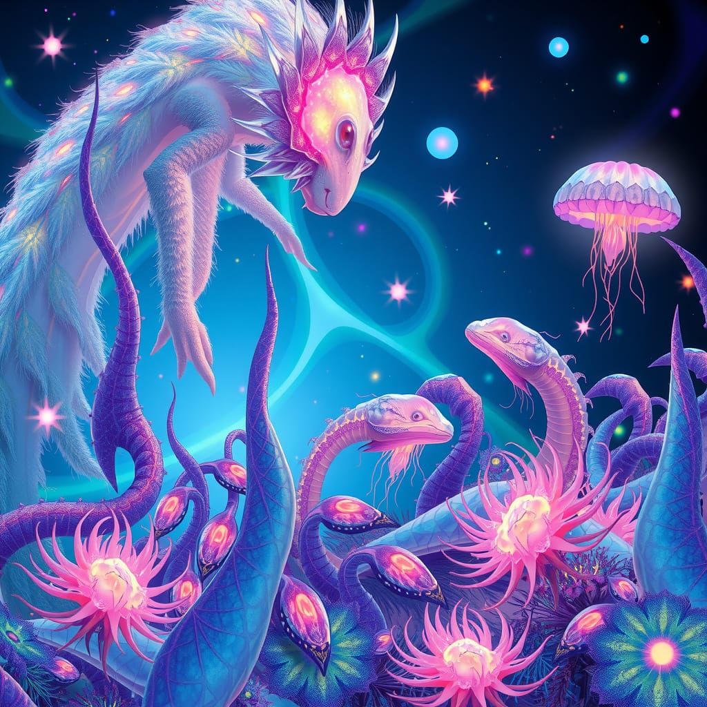 Surreal Iridescent Beings in a Glowing, Maximalist Ecosystem