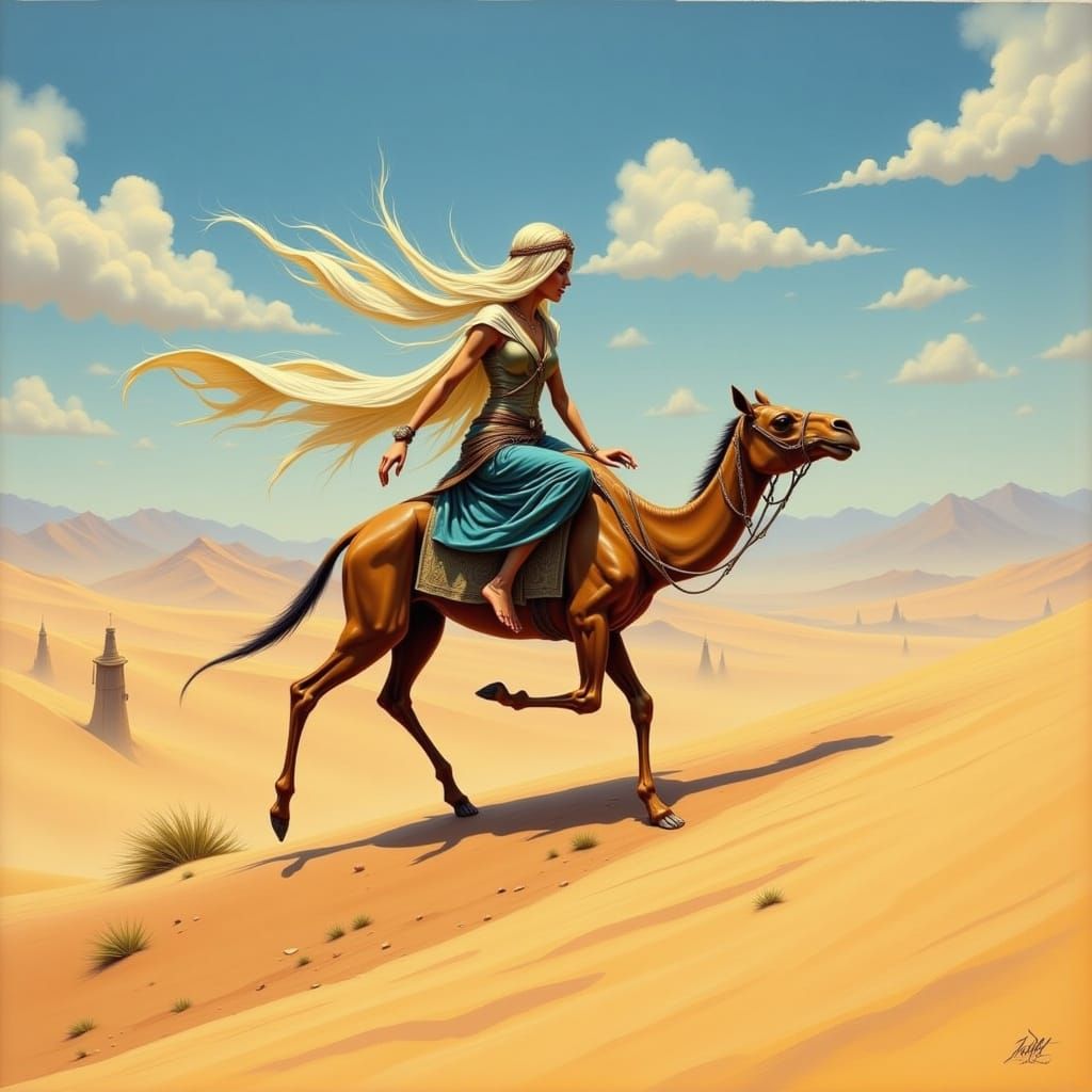 Fairy Bedouin Trekking Up a High Sand Dune