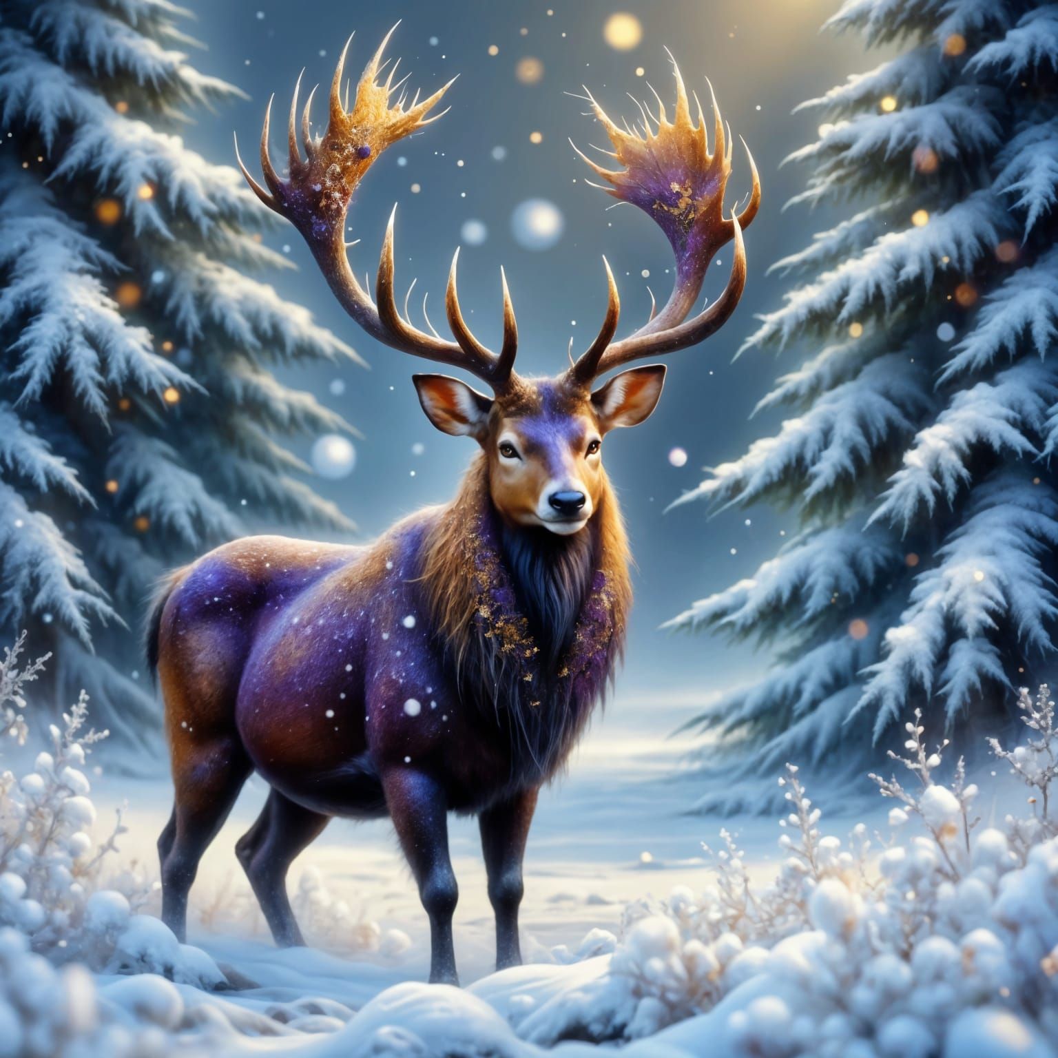 Majestic Stag in Snowy Forest with Fractal Lace
