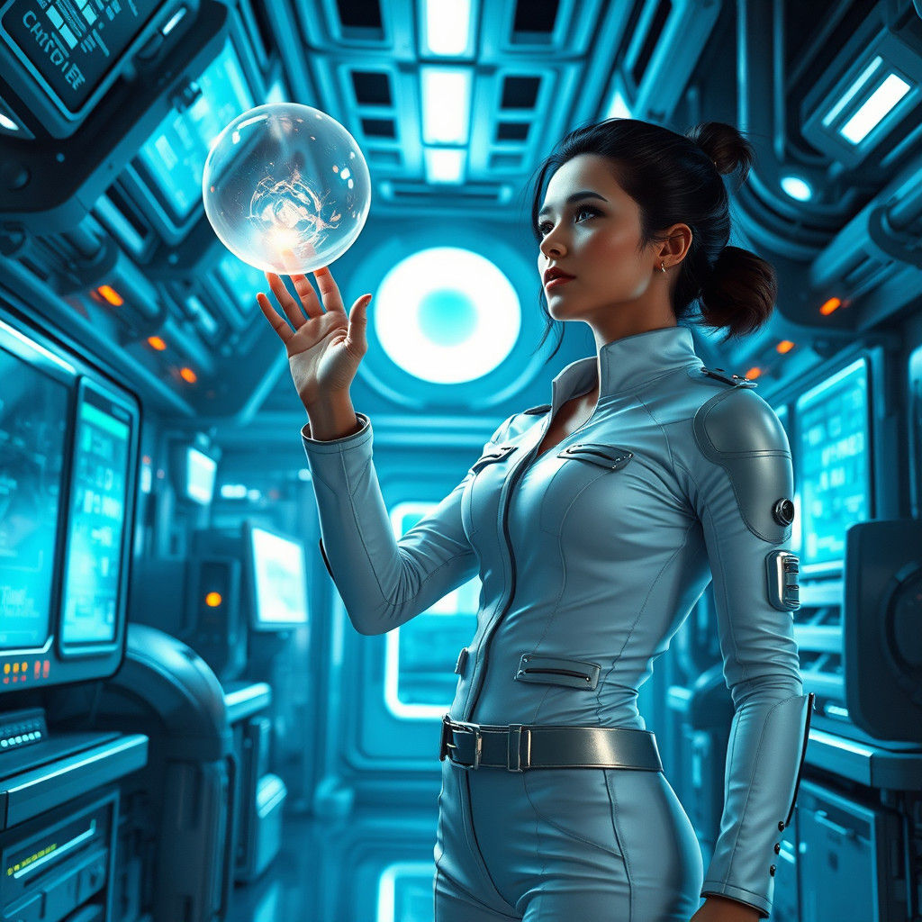 Futuristic Woman Touches Orb in High-Tech Lab