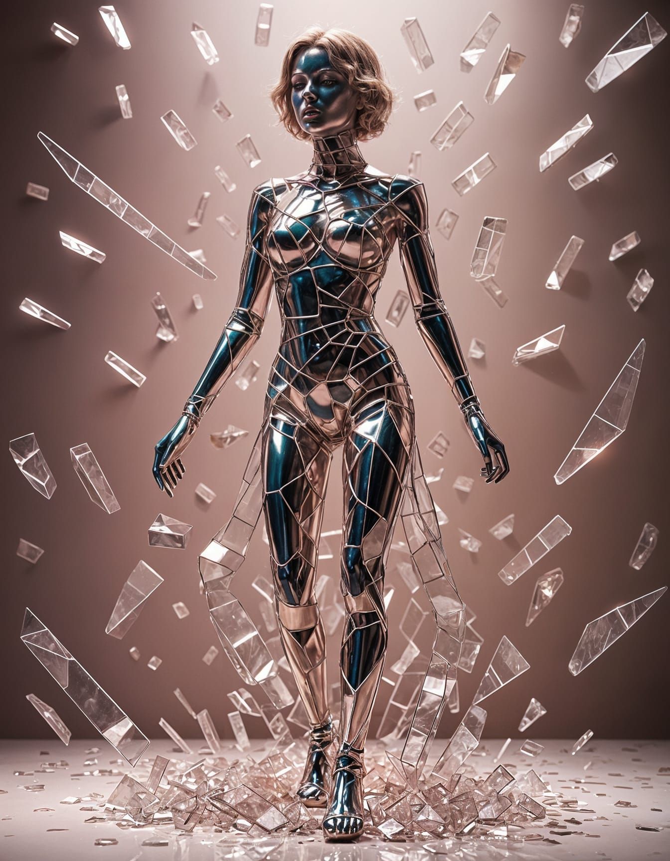 Shattered Glass Woman in Pink Sunlight