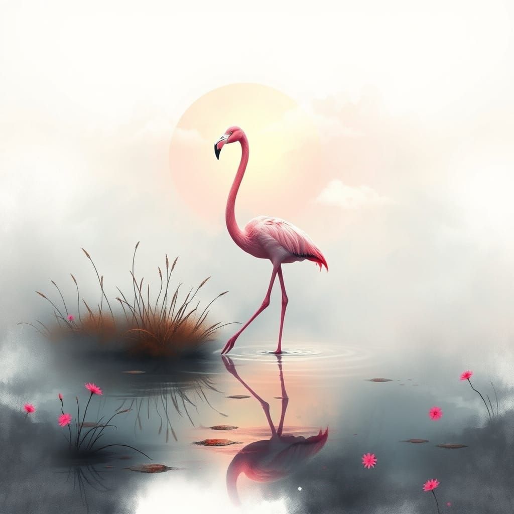 Surreal Flamingo Emerges from Whimsical Wetland Mist