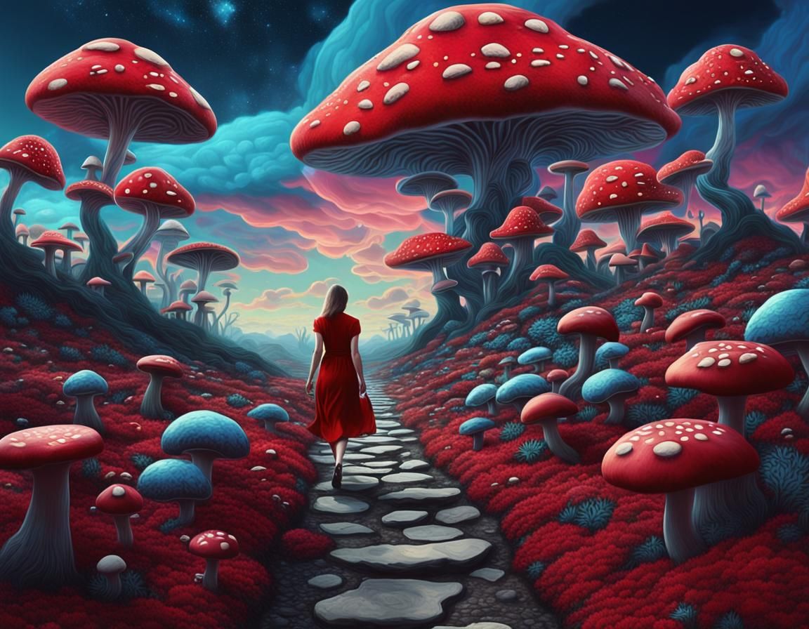 Psychedelic Landscape with Woman in Red Dress
