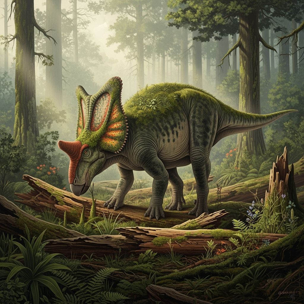 Hadrosaur Grazing in Jurassic Forest as Naturalistic Illustr...