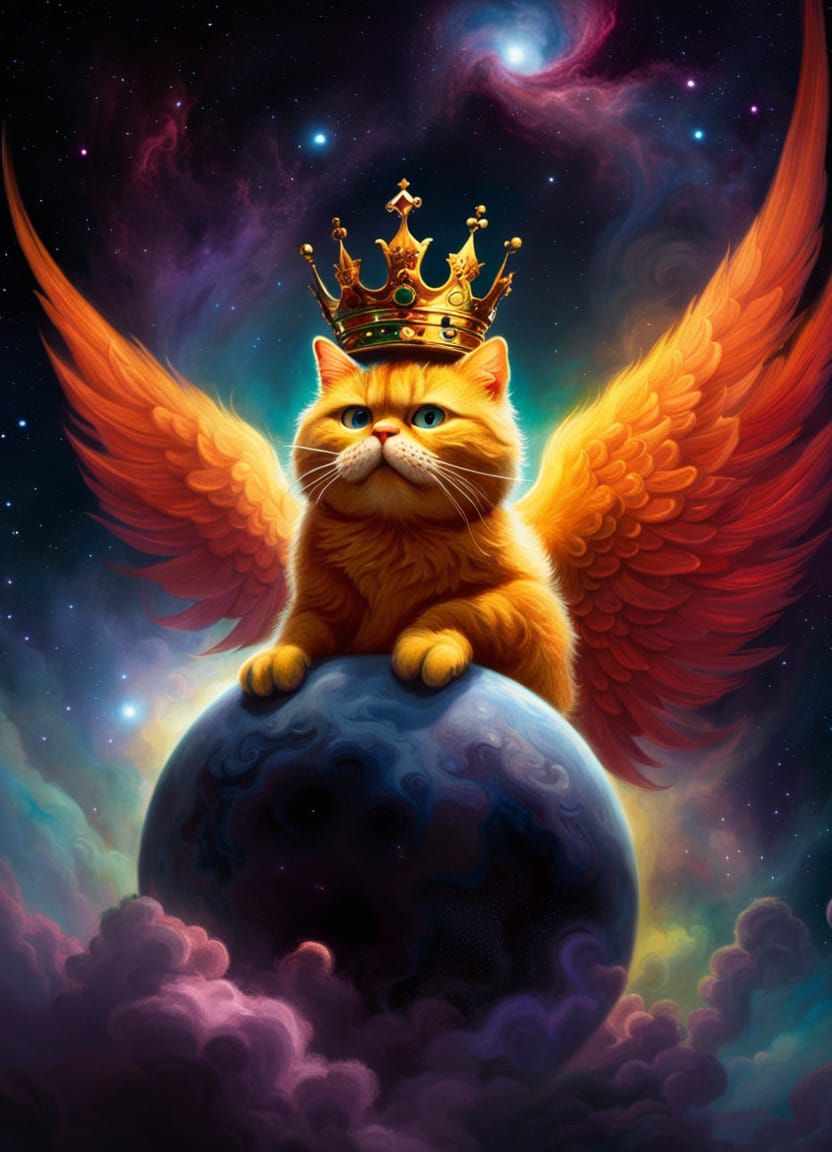 Winged Crowned Garfield in Nebula, Detailed Photorealistic S...