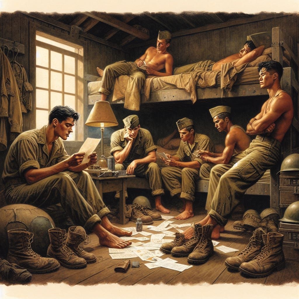 Soldiers' Camaraderie in Dim Barracks, Digital Painting Styl...