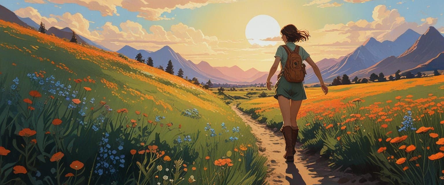 Girl Chasing Butterflies in a Sunny Flower Field