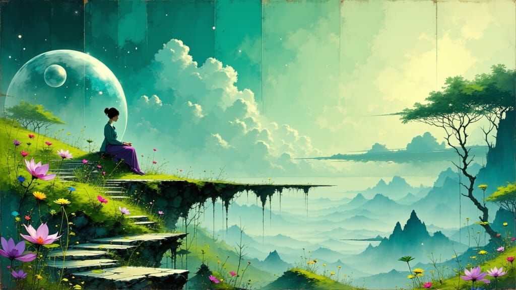 Woman in Floating Landscape with Crystal Bubbles