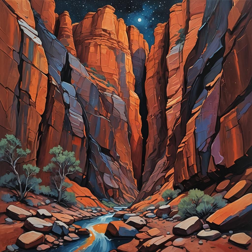 Majestic Slot Canyon Under Starry Sky as Oil Painting