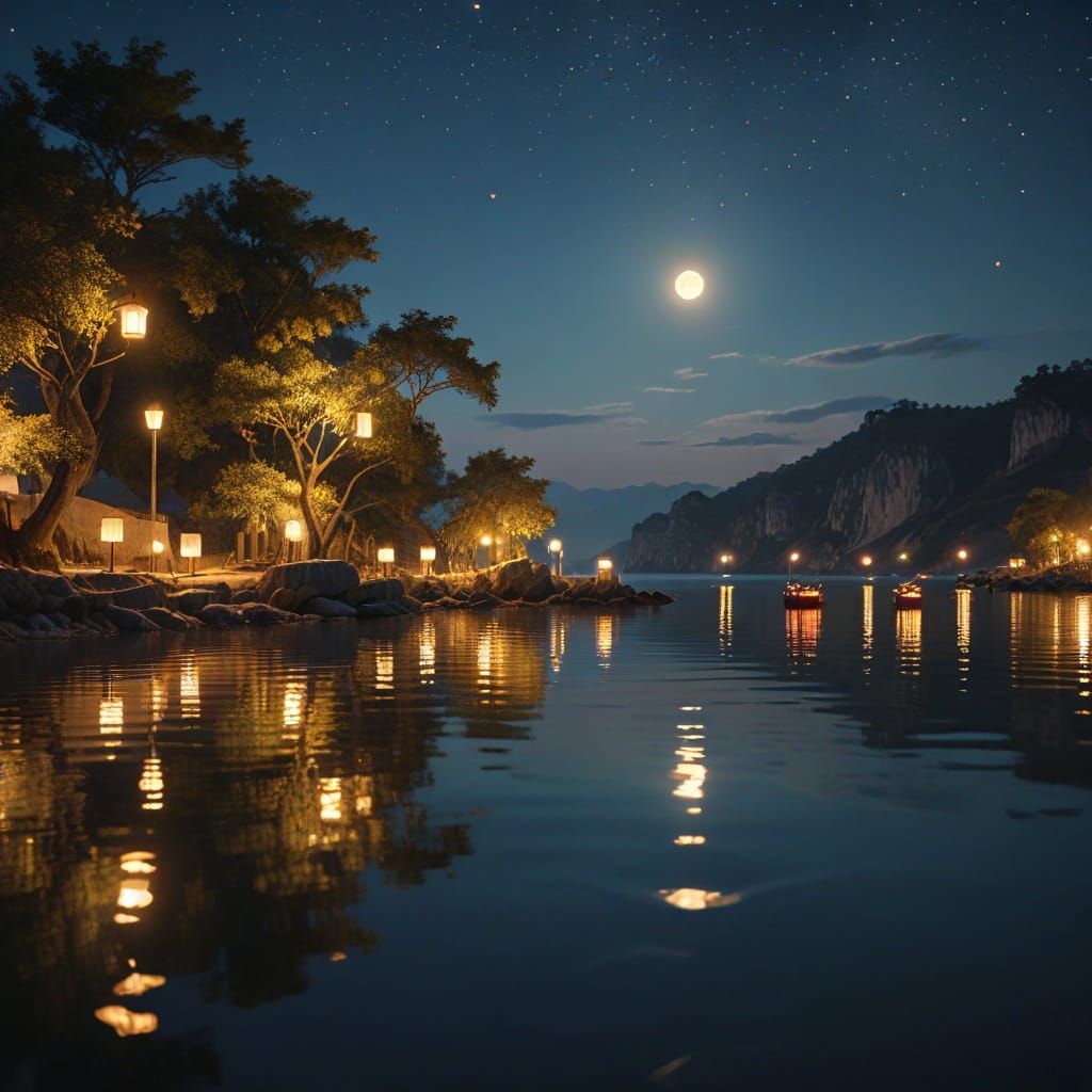 Moonlit Bay with Golden Lanterns: Dreamy Impressionism
