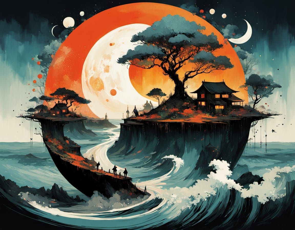 Surreal Earth Double Exposure: Japanese Ink Painting