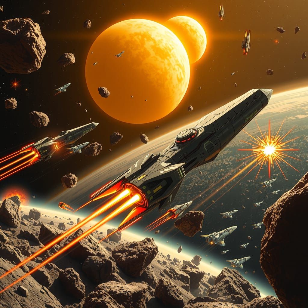 Galactic Spacecraft Engage in High-Speed Battle Amidst Binar...