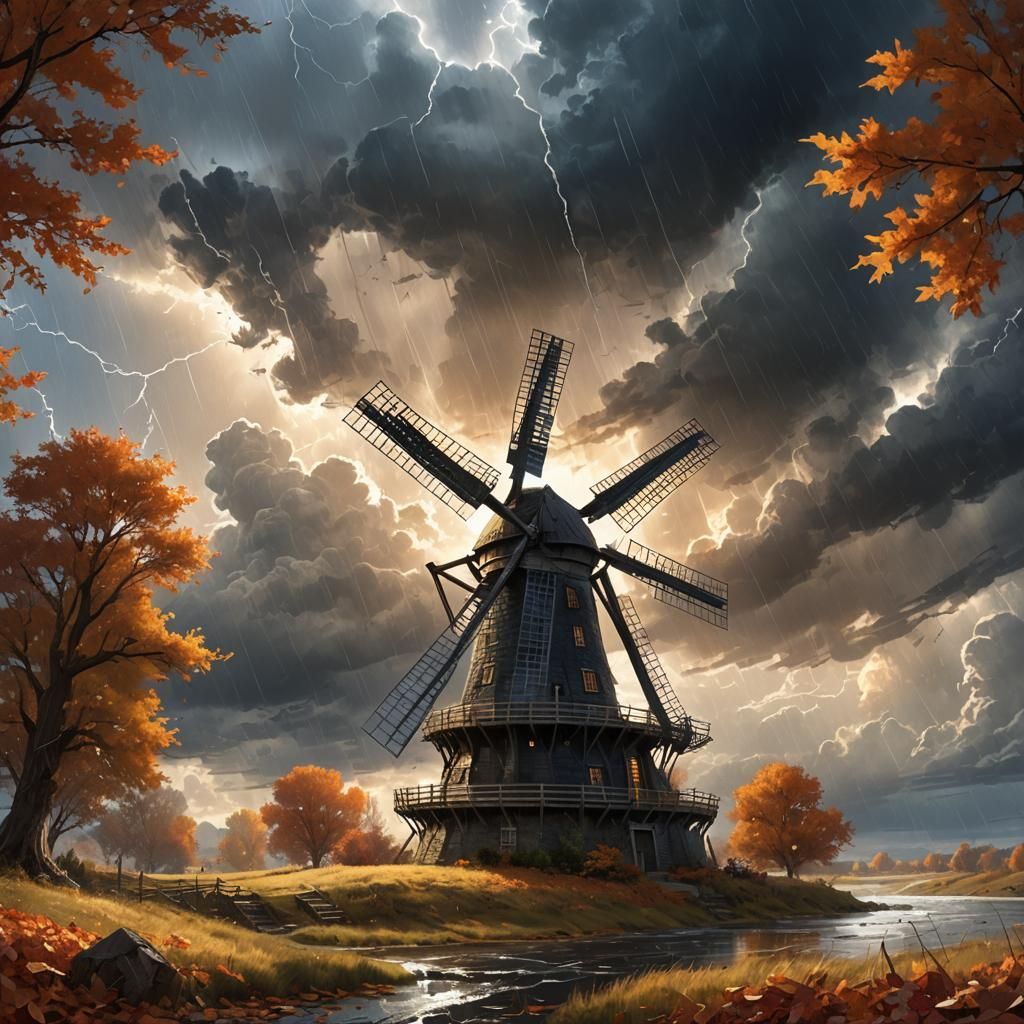 Majestic Windmill in Autumn Storm, Fantasy Concept Art