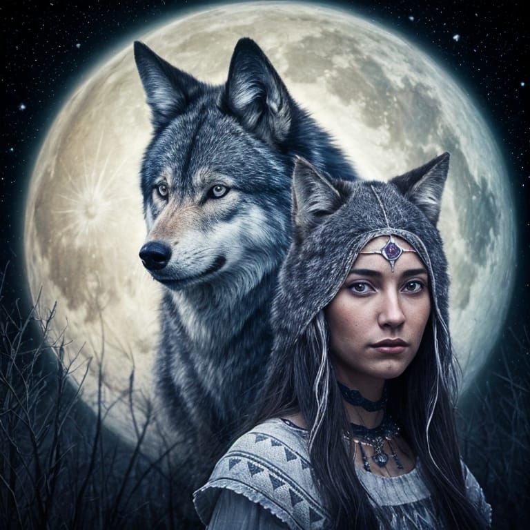 Wolf and Native American Woman Double Exposure Under Full Mo...