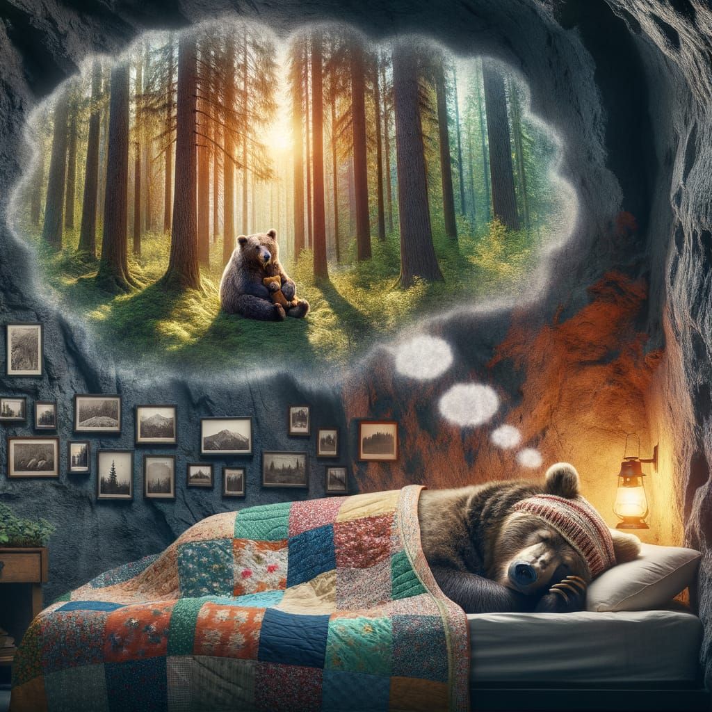 A Dreamlike Scene of Two Bears: Cozy Cave and Vibrant Forest