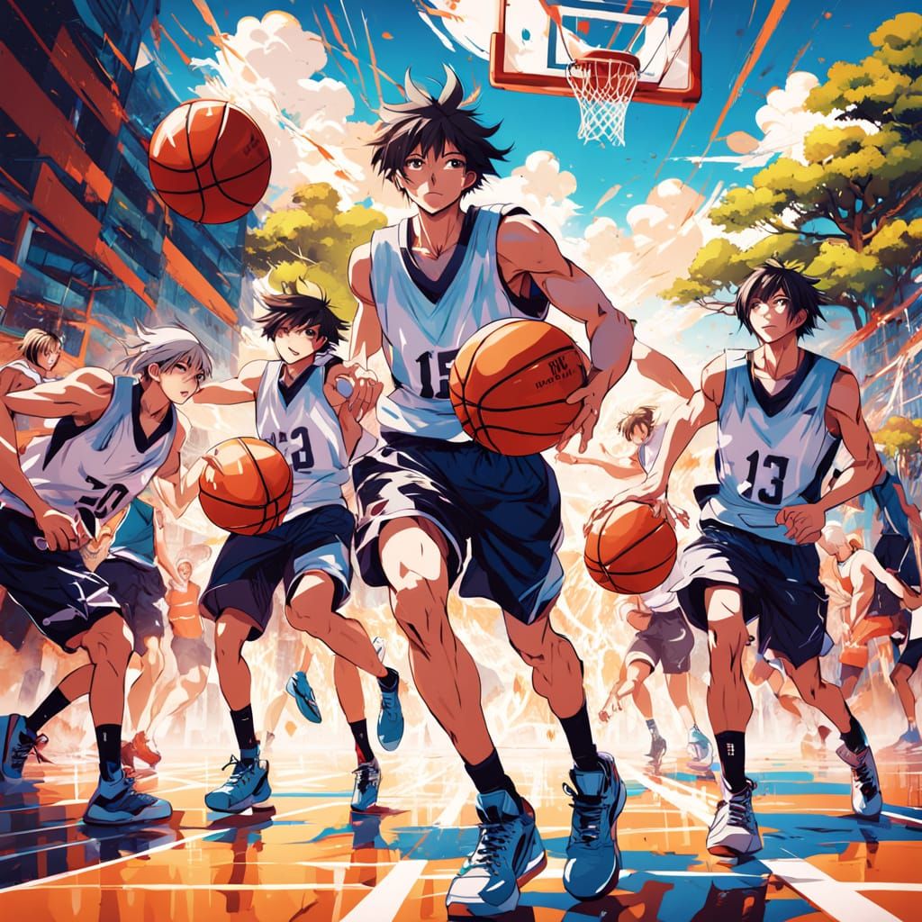 Vibrant Anime Basketball Scene in Japanese Manga Style