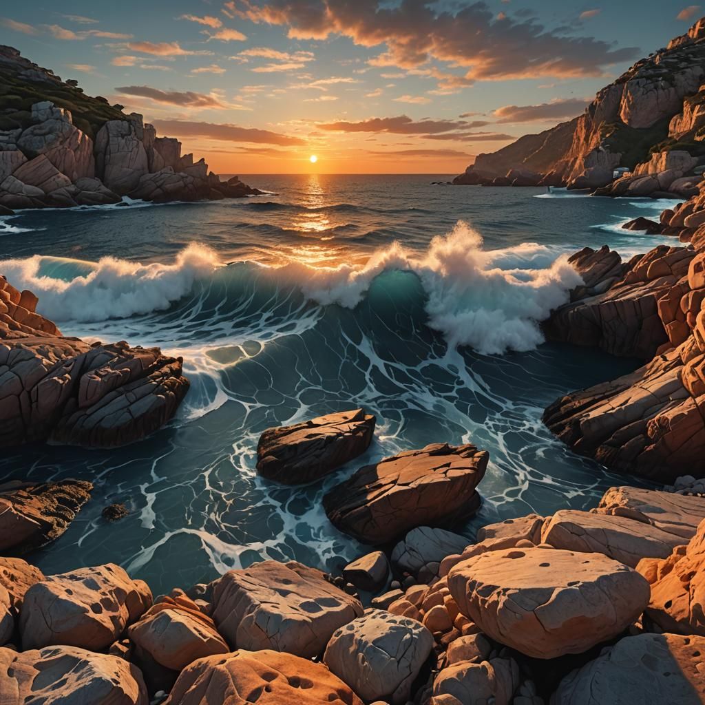 Serene Ibiza Sunset on Rocky Shoreline in Lofi Style