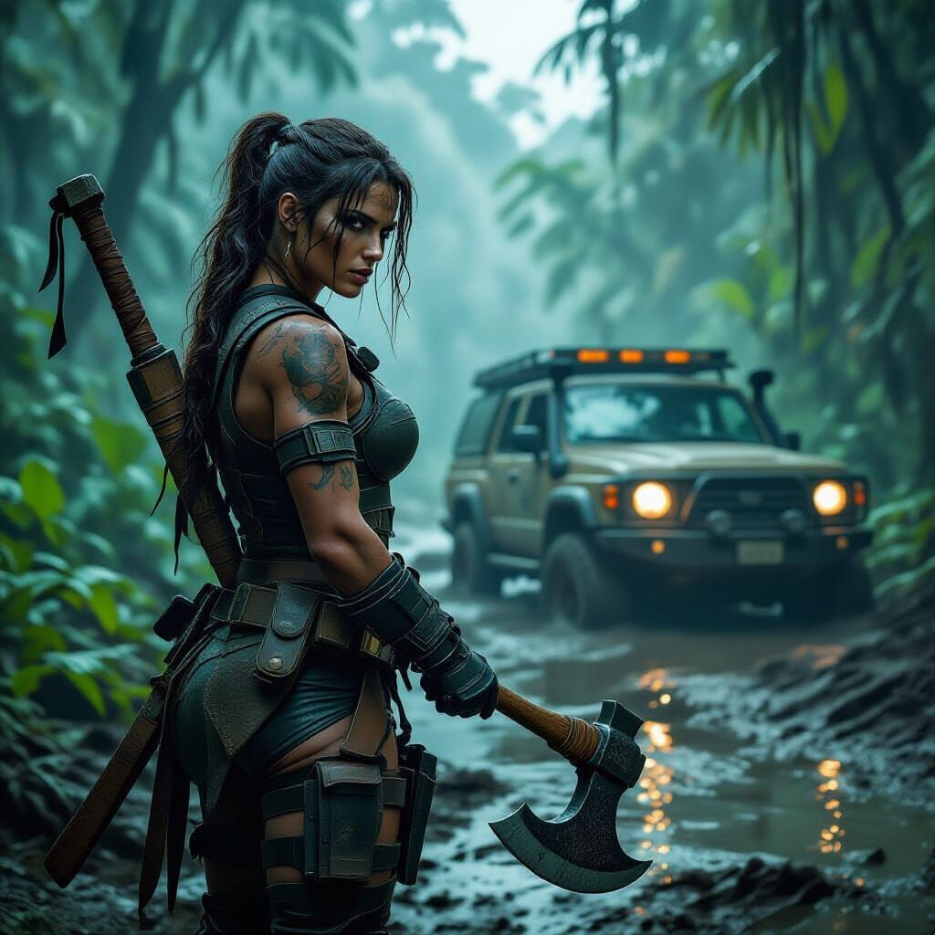 Mercenary Guarding Jungle with Battle Axe