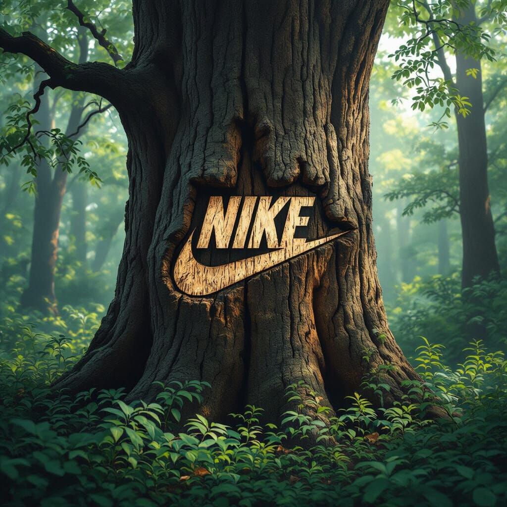 Nike Logo Carved into Oak Tree in Forest
