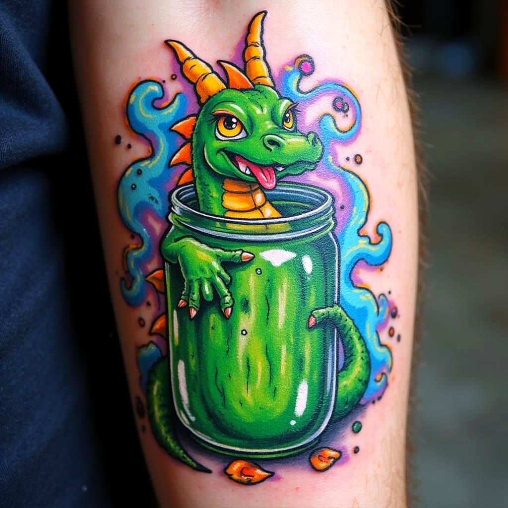 Pickle Dragon Emerging From Jar in New School Tattoo Style
