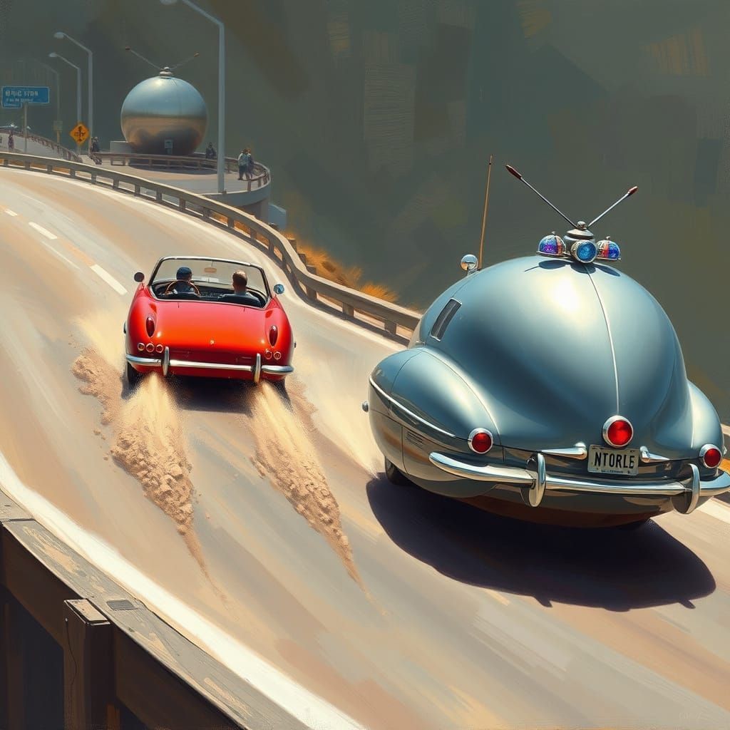 Red Convertible Chase: 1960s Oil Painting Style