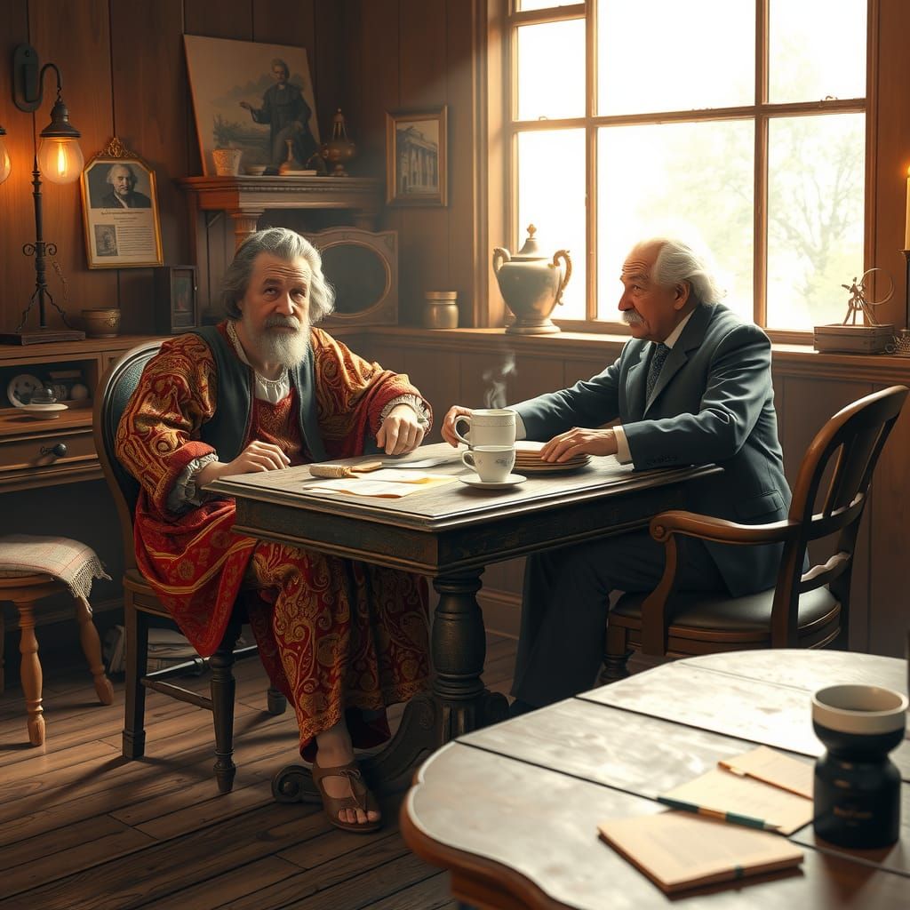 Aristotle and Einstein Meet in Dreamlike Cafe