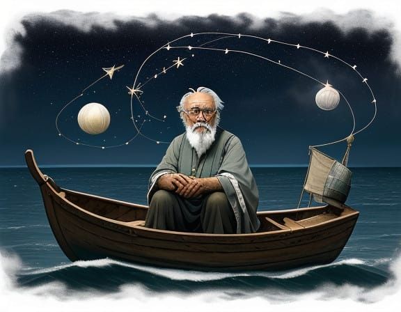 Surreal Fisherman Casts Celestial Net in Dreamlike Seascape