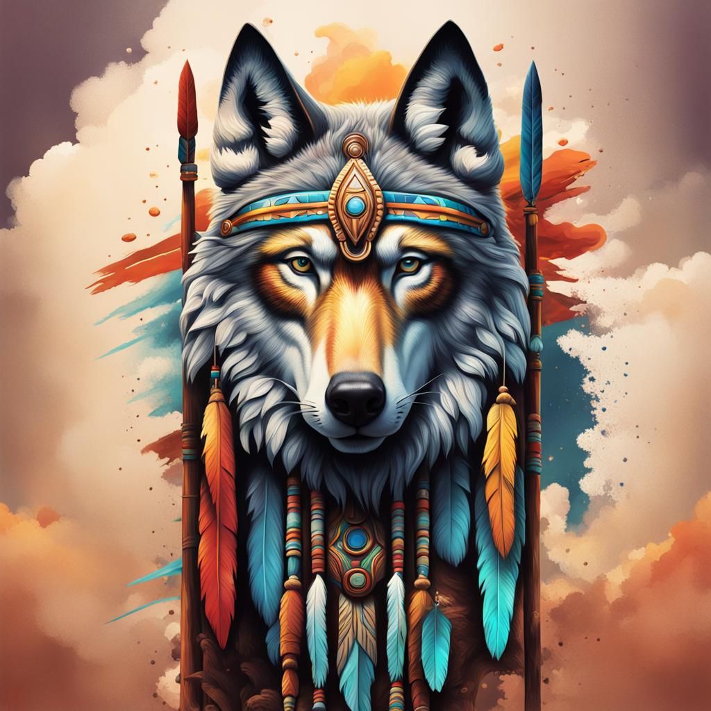 Hyperrealistic Native American Wolf Totem Pole