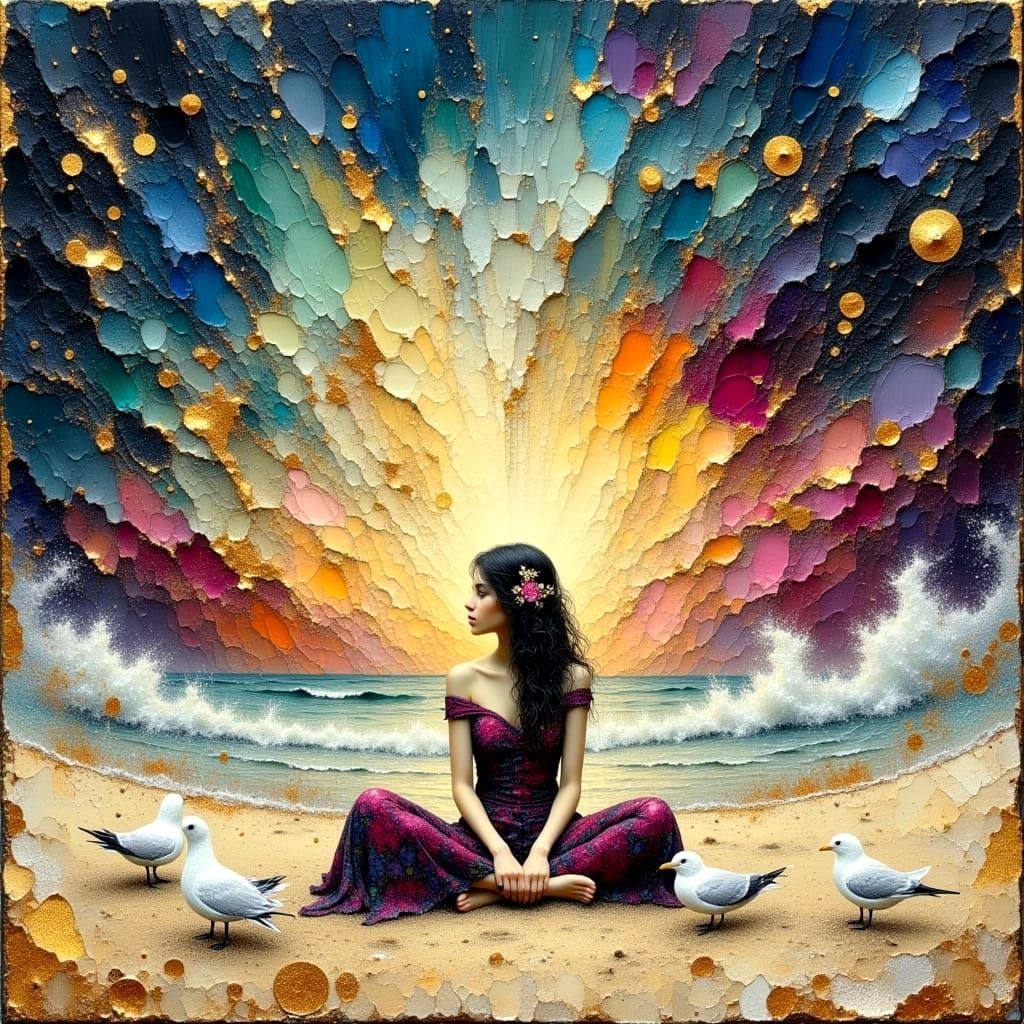 Girl on Dunes in Impasto Oil Painting