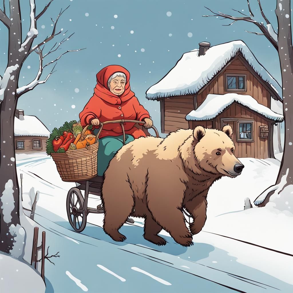 Russian Granny Rides Bear Home, Ghibli Cartoon