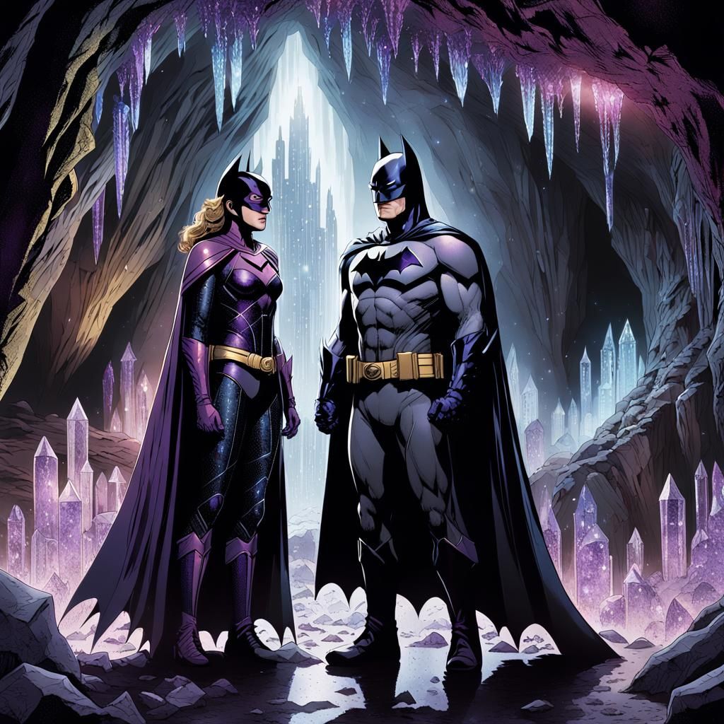 Batman and catwoman standing in a mystical cave filled with ...