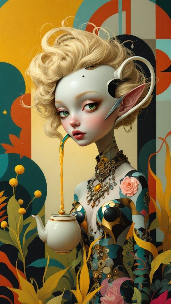 Surrealist Beauty Emerges from Teapot Metamorphosis in Dream...
