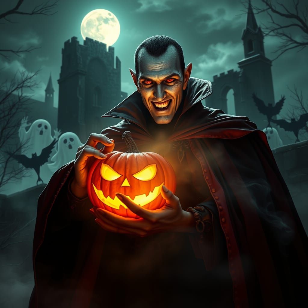 Vampire Celebrates Halloween with Ghost Children