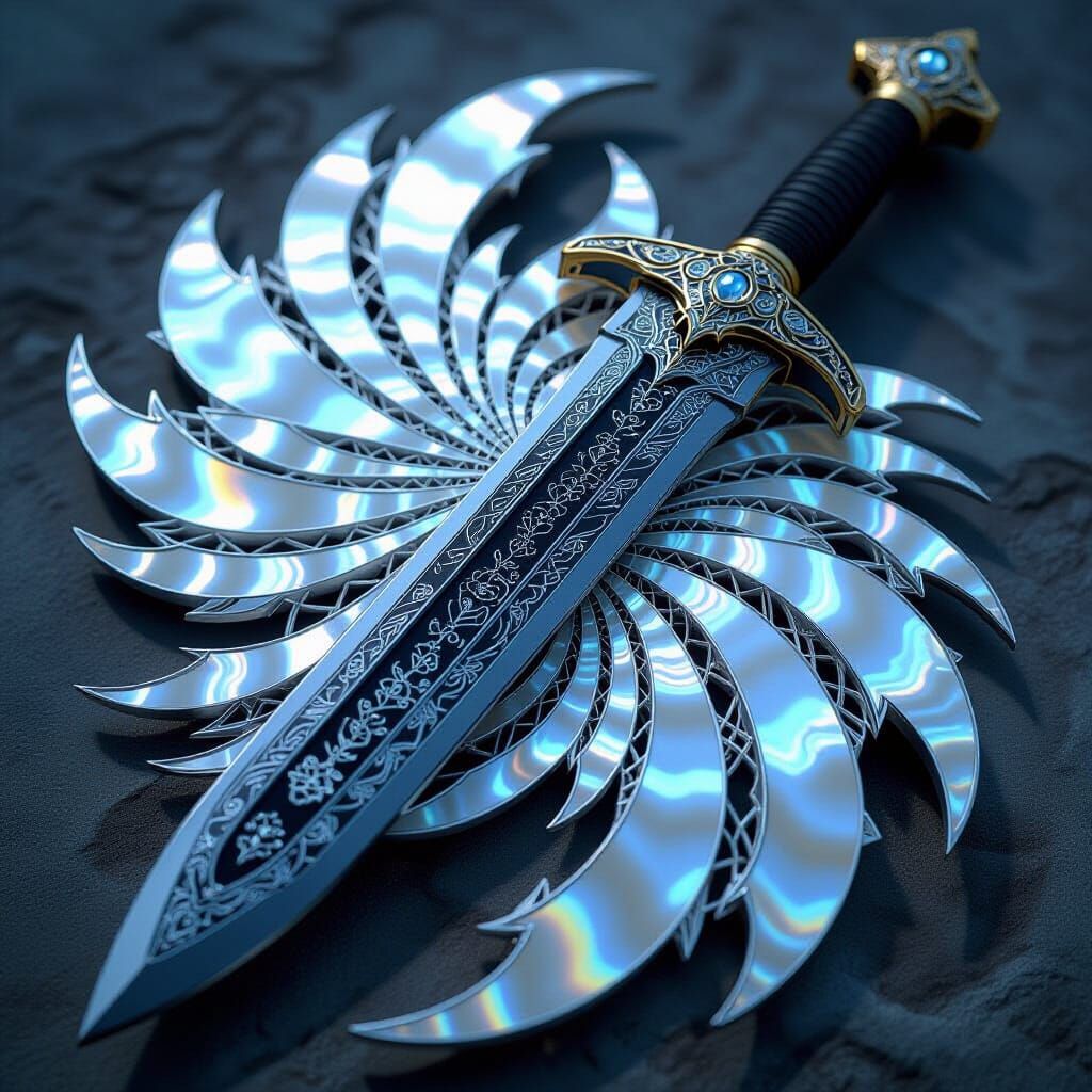 Biomechanical Damascus Sword with Pearl Inlay