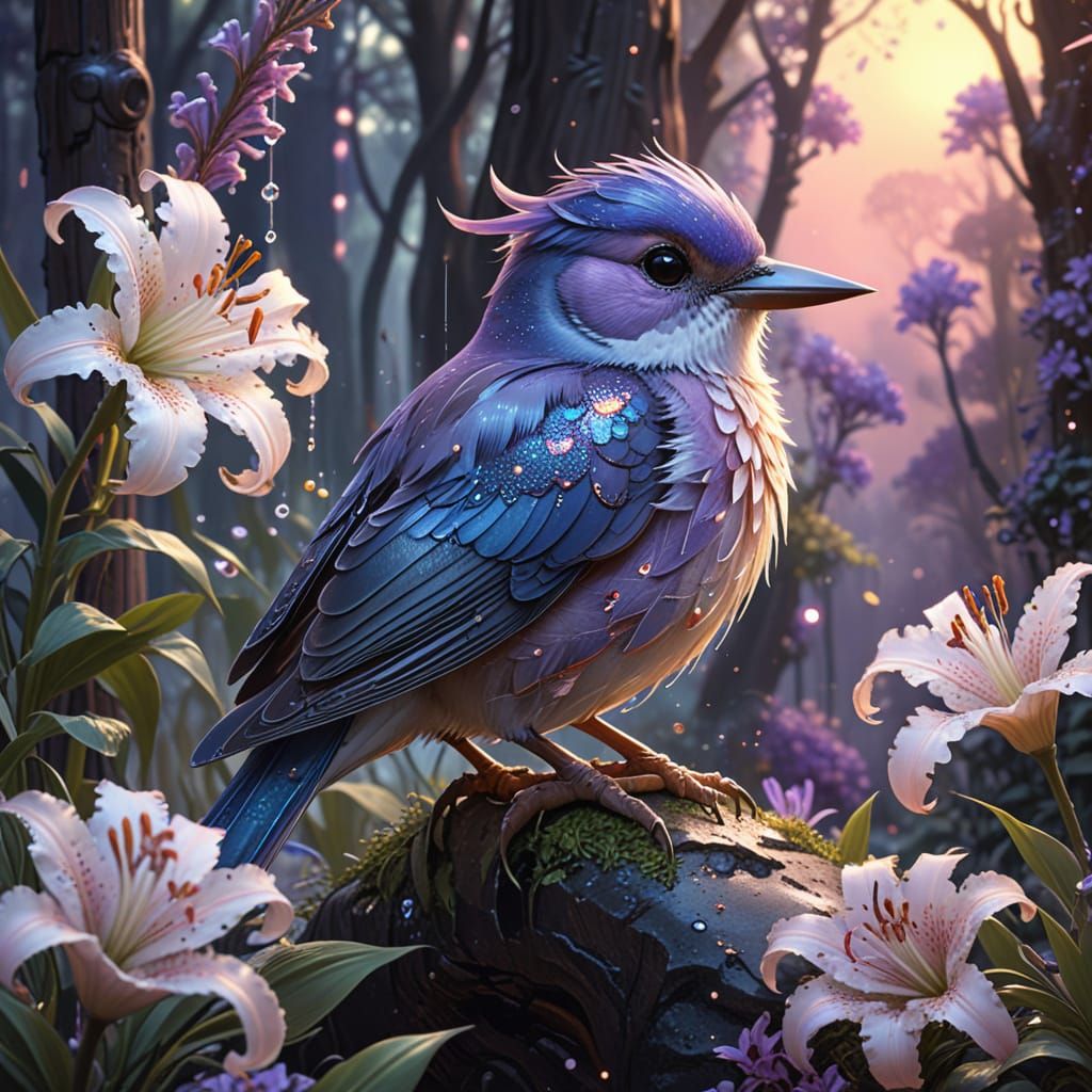 Pastel Bird Portrait in Whimsical Forest, Watercolor Style