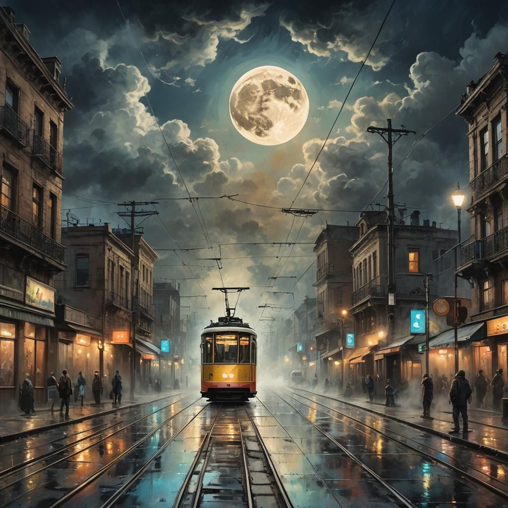 Gothic Grunge Cityscape with Tram and Moon