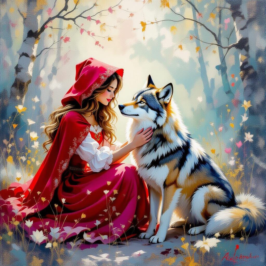 Red Riding Hood Befriends Wolf in Metamodern Painting