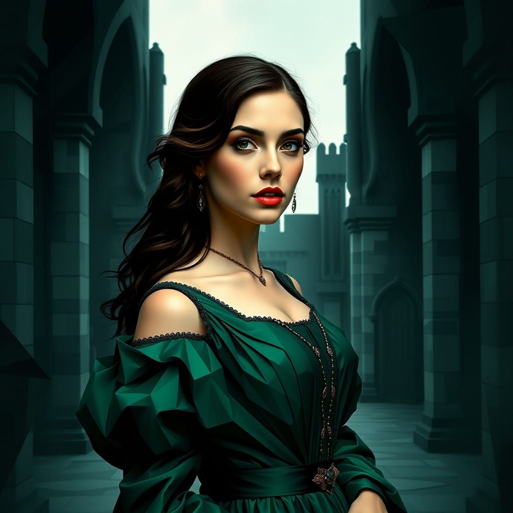 Medieval Woman in Castle, Cubist Monochrome Portrait