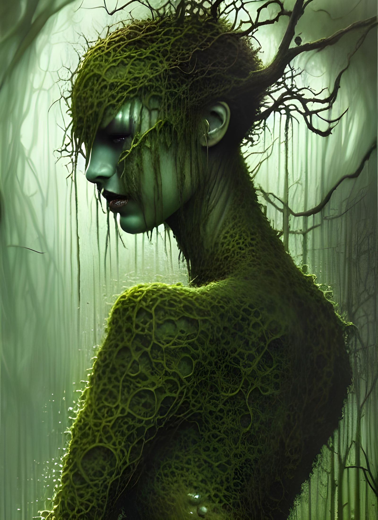Mossy Swamp Woman Portrait in Gouache Style