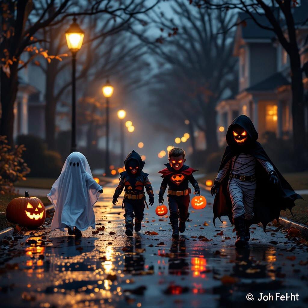 Cinematic Halloween Night in Suburban Neighborhood