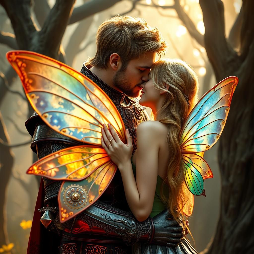 Knight and Fairy Embrace in Mystical Forest