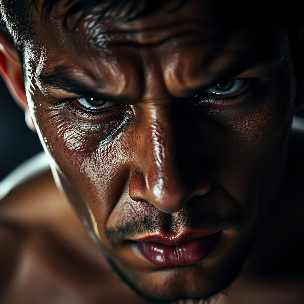 Muay Thai Fighter's Intense Gaze: Photorealistic Close-Up