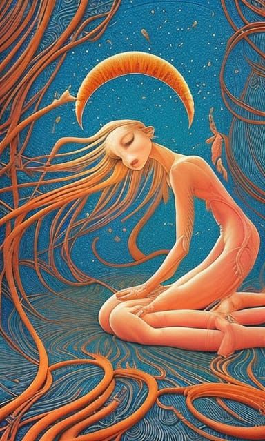 Celestial Woman in Surreal Floral Bed