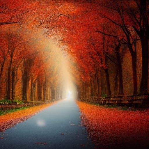 Autumn Birch Tree Tunnel with Red Leaves