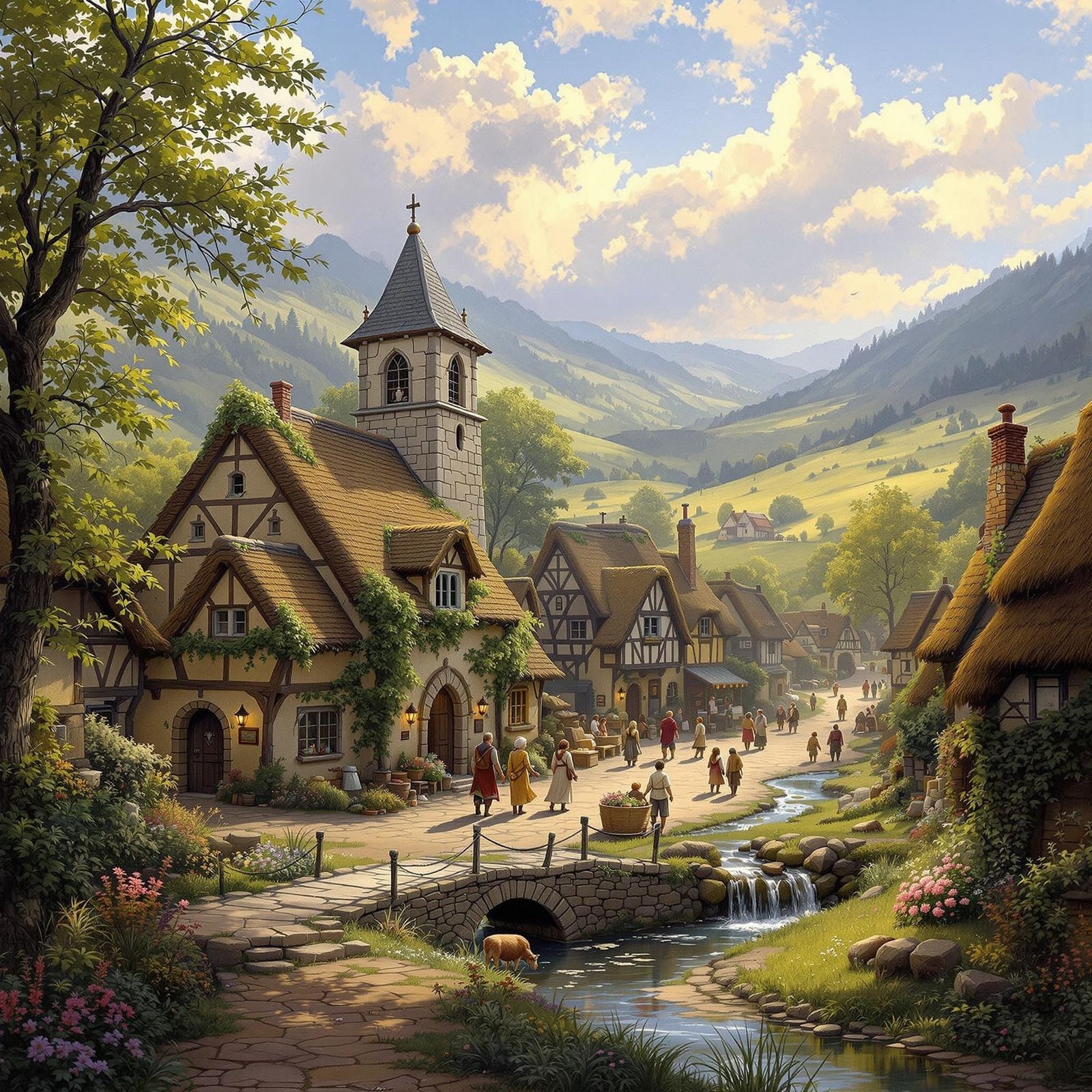 Idyllic Medieval Fantasy Village Scene