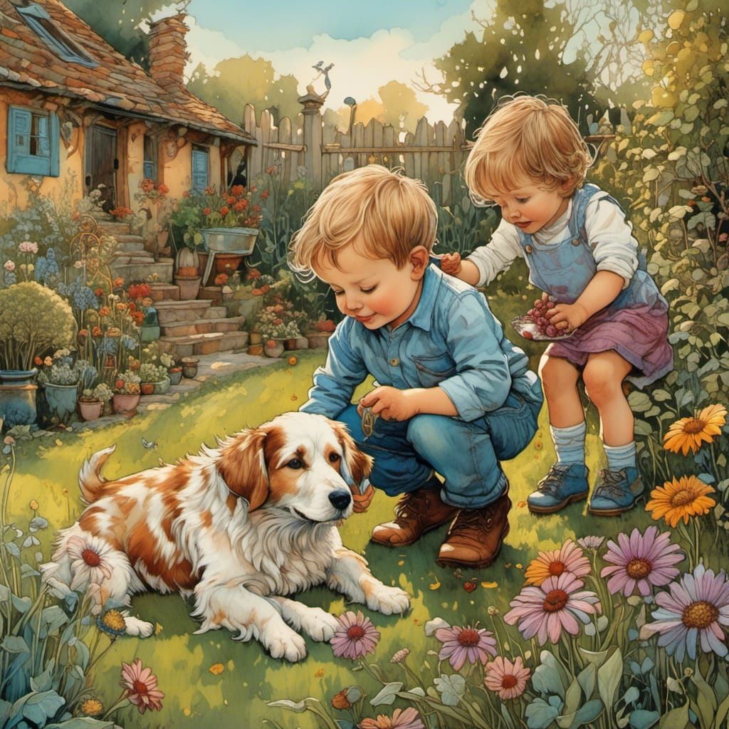Toddler Siblings Playing with Dog in Garden, Art Brut