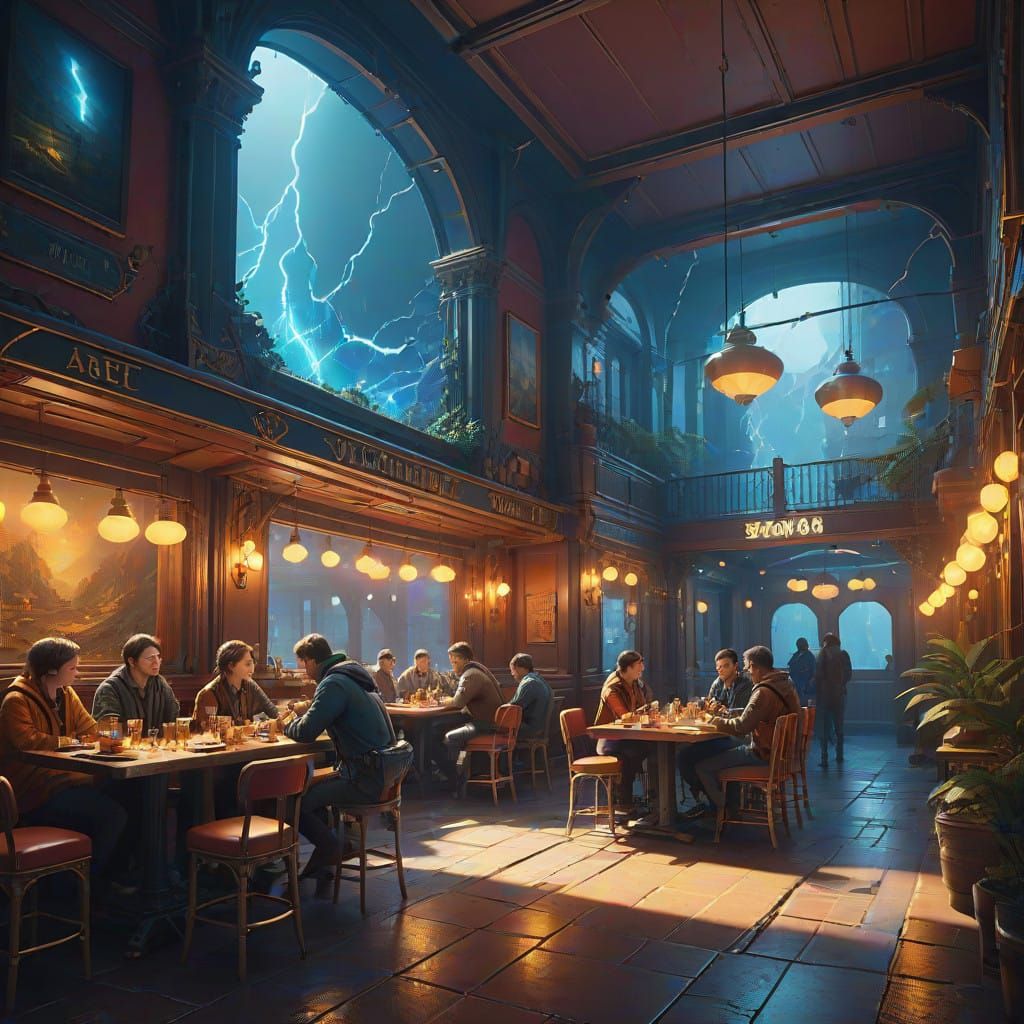 Friends Gather in Night Cafe Basking in Vibrant Lightning