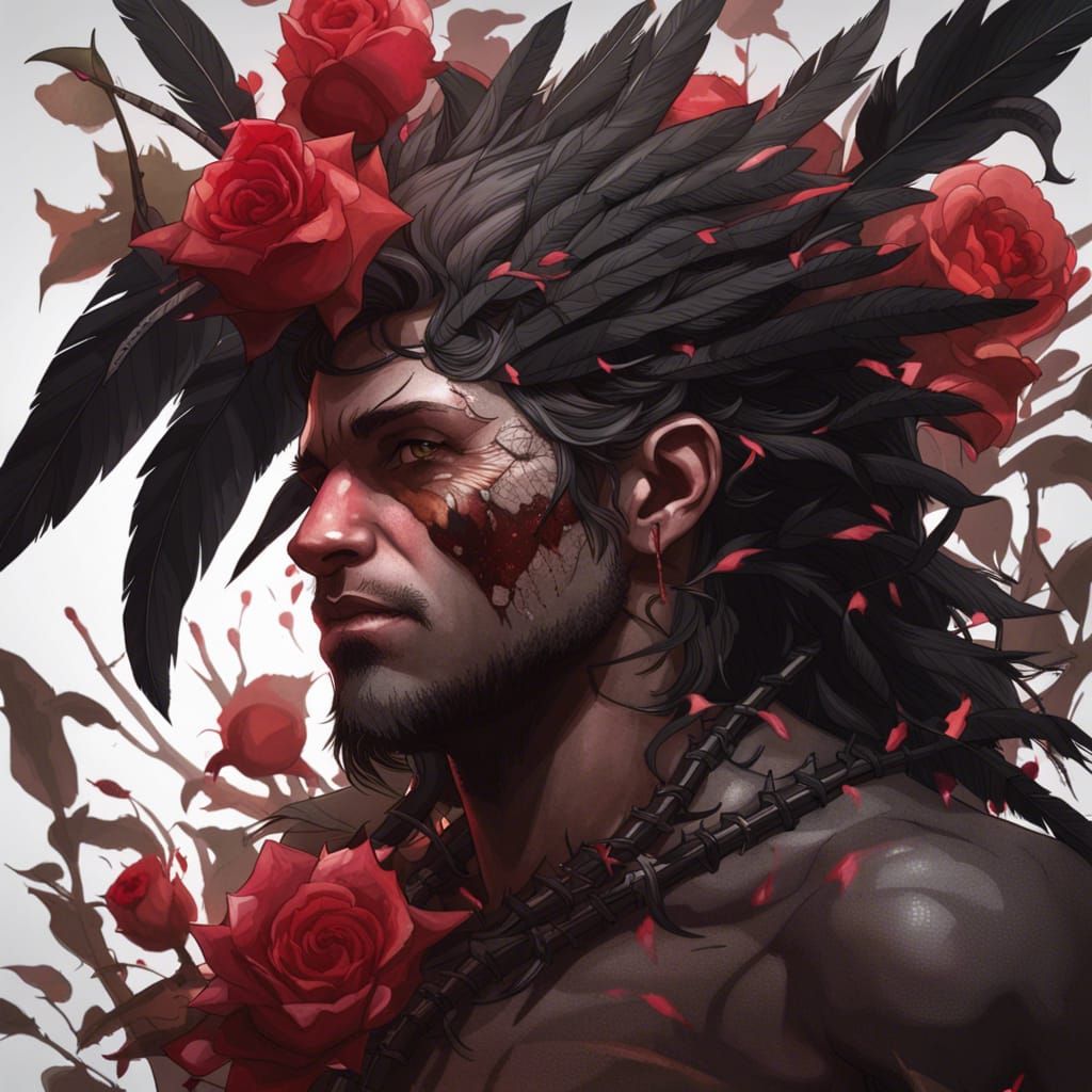 Primal Man Portrait with Thorns and Feathers