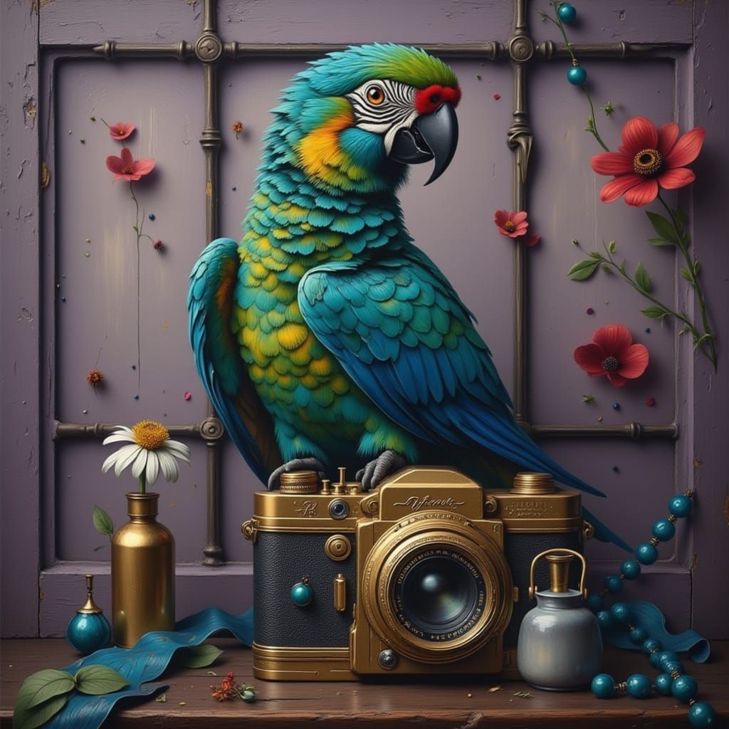 Surreal Parrot on Vintage Camera Still Life