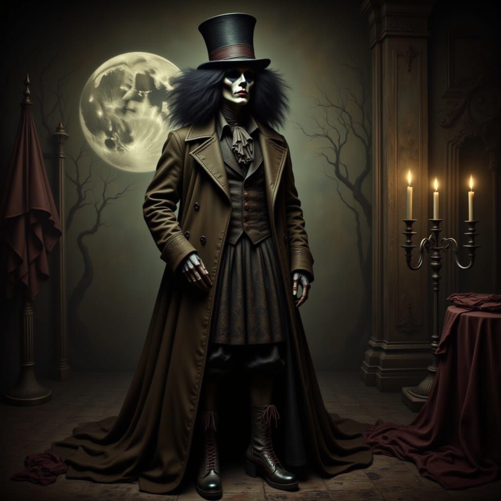 Skeletal Figure in Elegant Costume, Dramatic Oil Painting